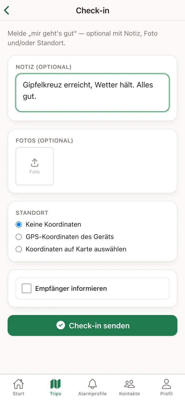 AlpenBuddy App: Check-in mit Notiz, Foto-Upload und Auswahl der Standortquelle