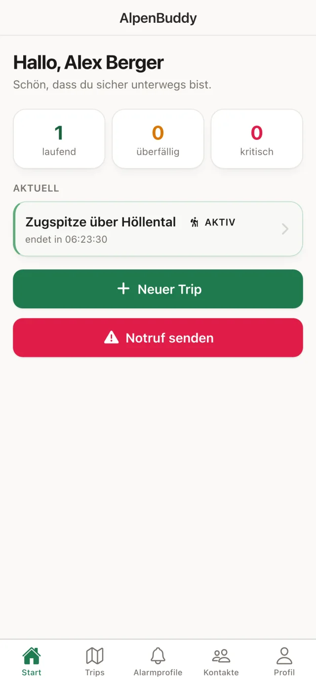 AlpenBuddy App: Startseite mit laufender Tour und Countdown bis zur Endzeit