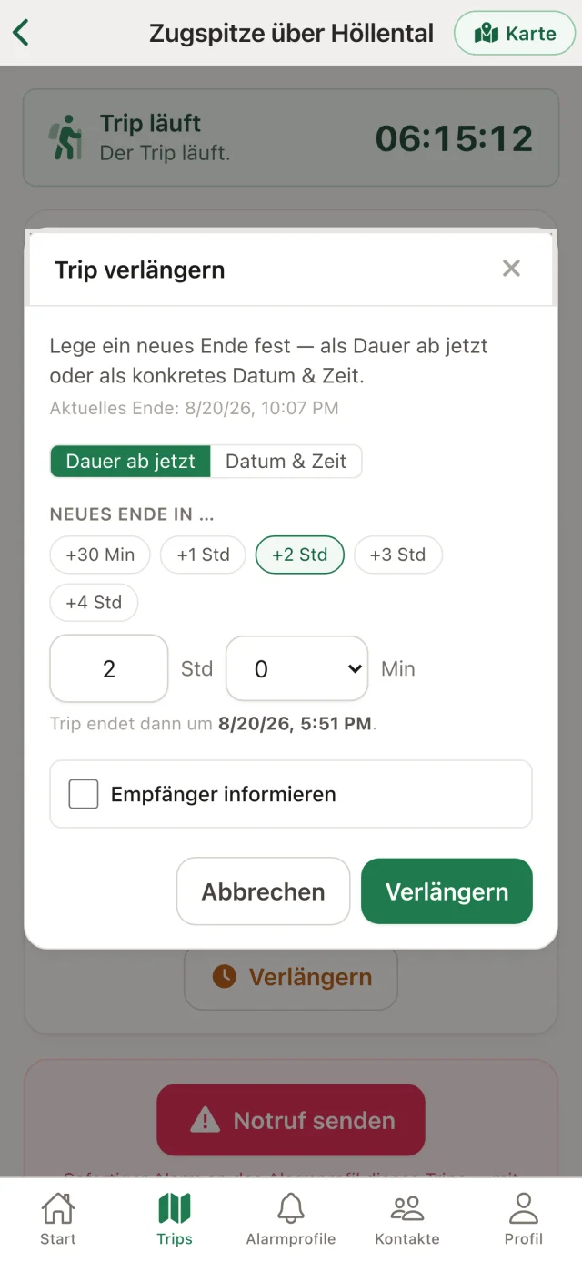 AlpenBuddy App: Dialog zum Verlängern einer laufenden Tour mit neuer Endzeit