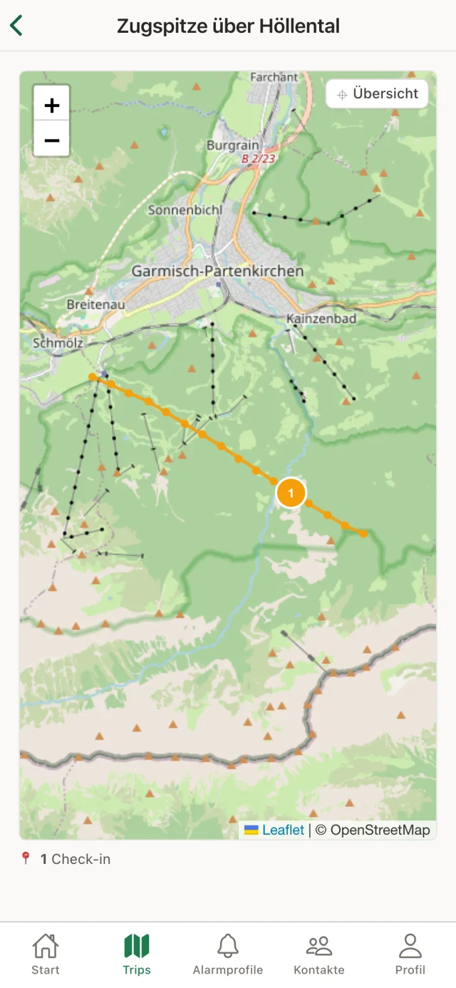 AlpenBuddy App: Karte mit aufgezeichneter GPS-Route und Check-in-Markierung