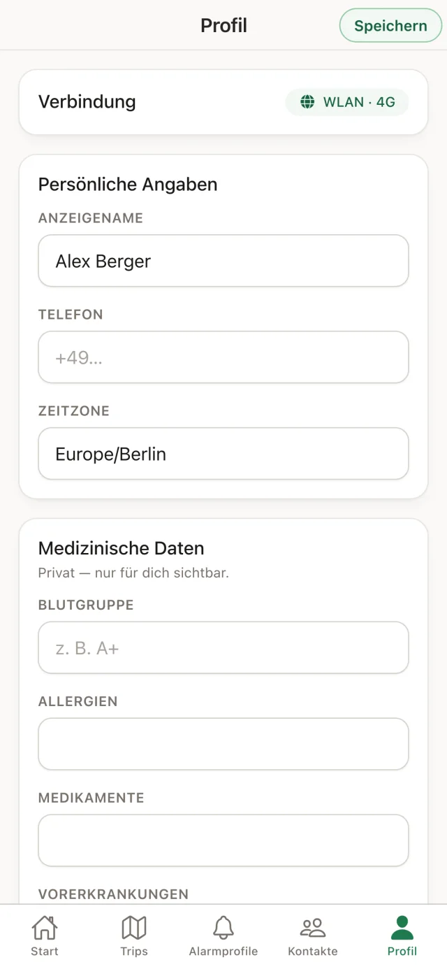 AlpenBuddy App: Profil mit Anzeigename, Telefonnummer, Zeitzone und medizinischen Angaben