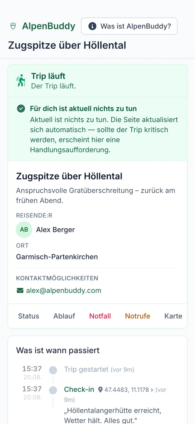 Öffentliche Trip-Ansicht von AlpenBuddy im Browser eines Empfängers