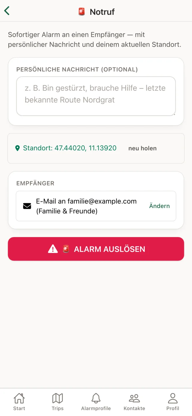 AlpenBuddy App: Notruf mit persönlicher Nachricht, Standort und Empfängerauswahl