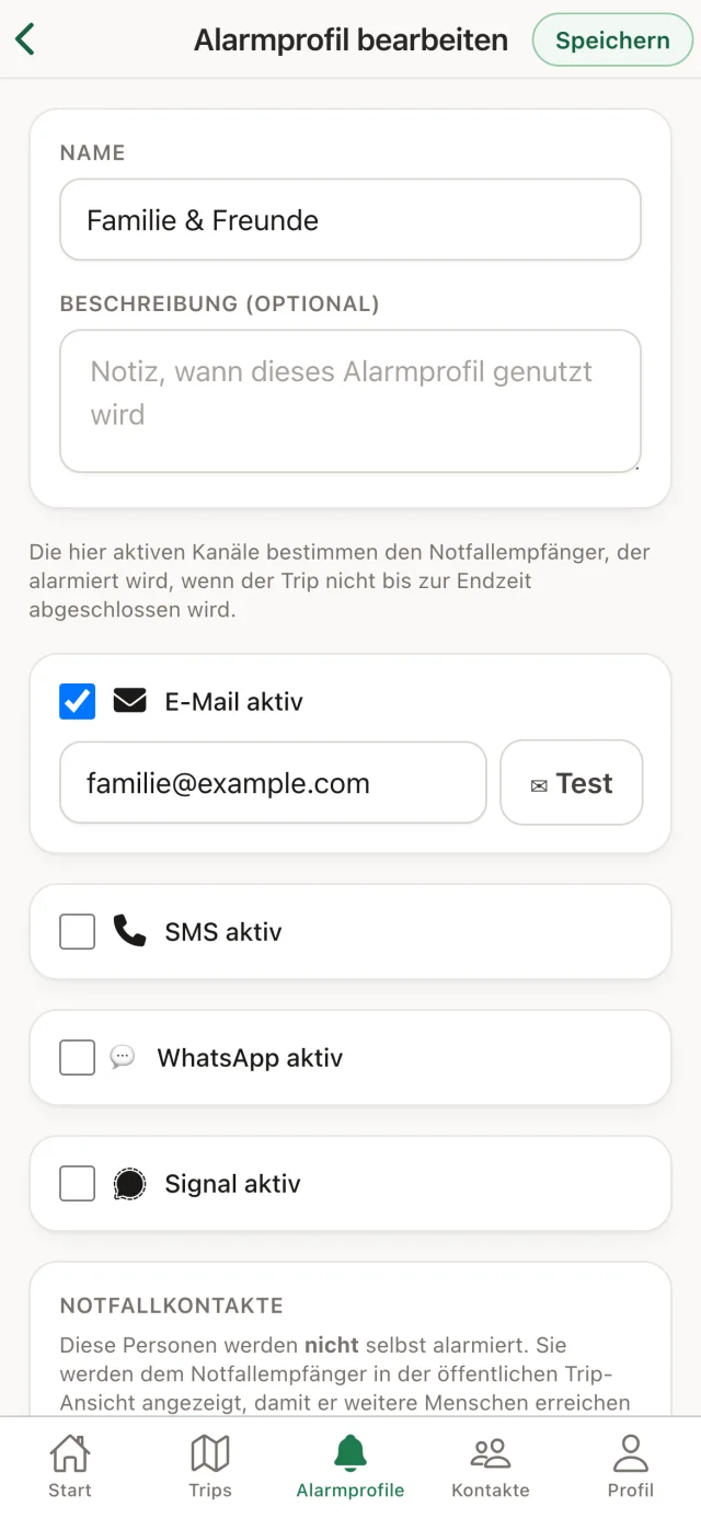 AlpenBuddy App: Alarmprofil mit den Kanälen E-Mail, SMS, WhatsApp und Signal
