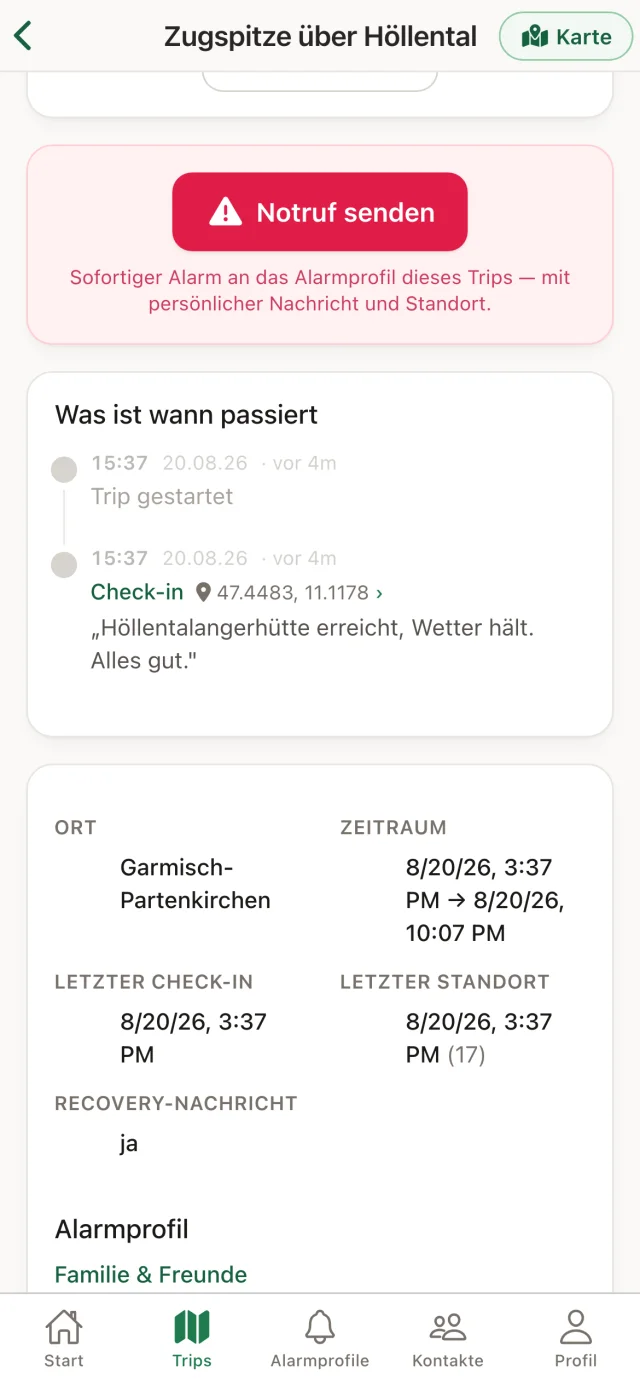 AlpenBuddy App: Verlauf einer Tour mit Startzeitpunkt und Check-in samt Notiz und Koordinaten