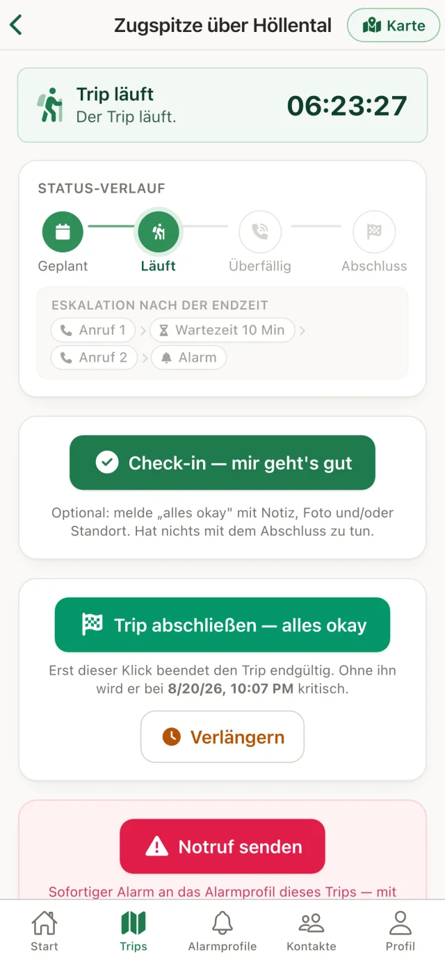 AlpenBuddy App: Trip-Detail mit Status-Verlauf und der Eskalationskette Anruf 1, Wartezeit, Anruf 2, Alarm