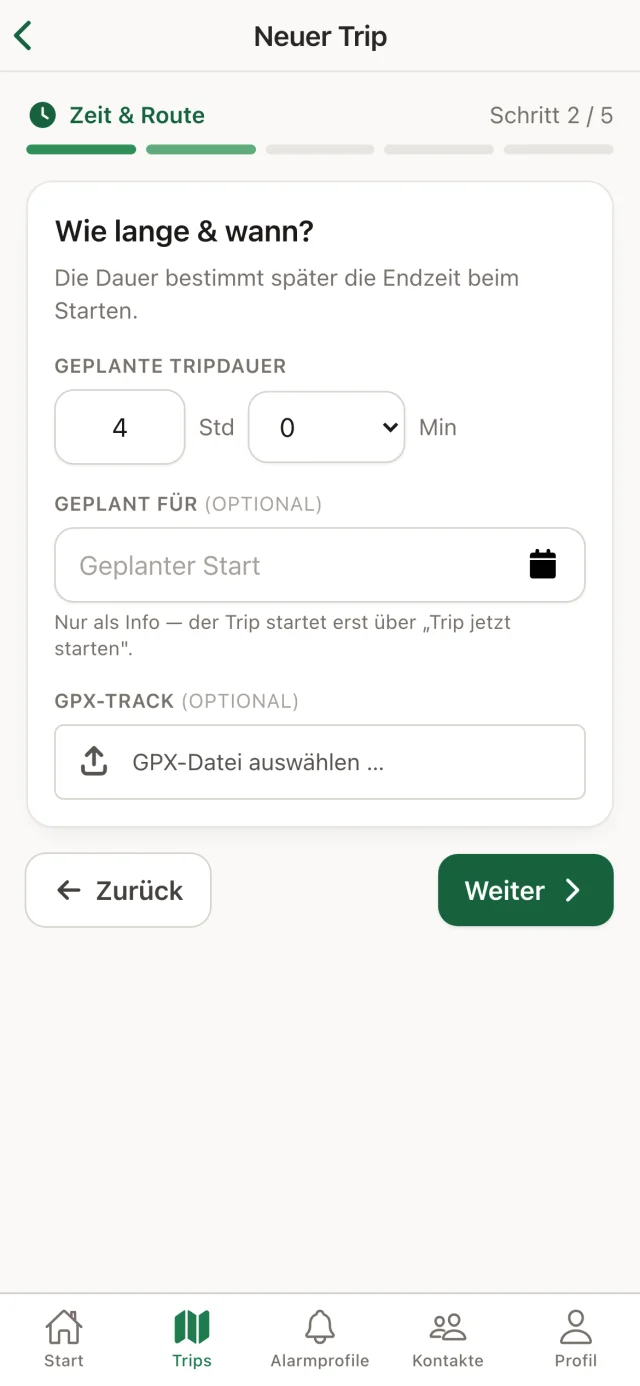 AlpenBuddy App: Schritt 2 des Assistenten mit geplanter Tripdauer, geplantem Start und GPX-Upload