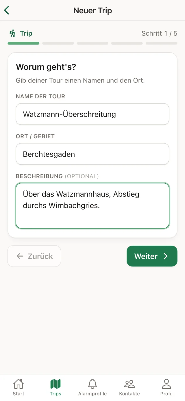 AlpenBuddy App: Assistent zum Anlegen einer Tour, Schritt 1 von 5