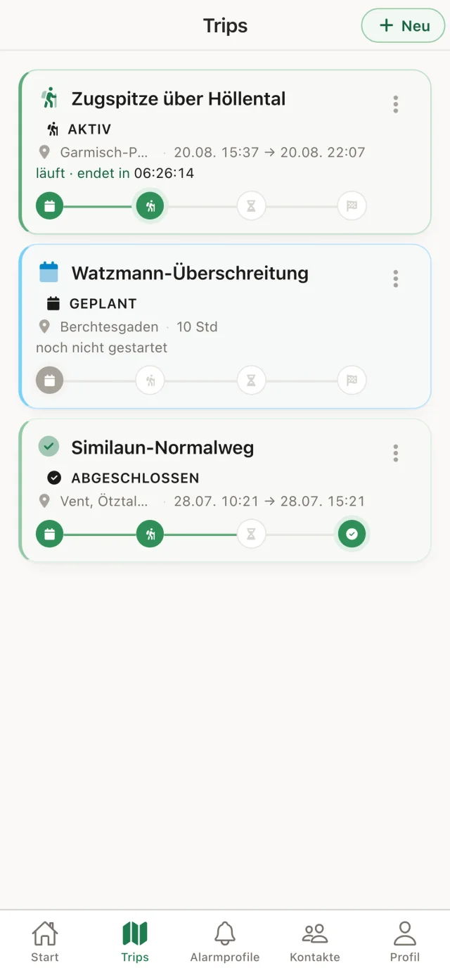 AlpenBuddy App: Liste aller Touren mit Status