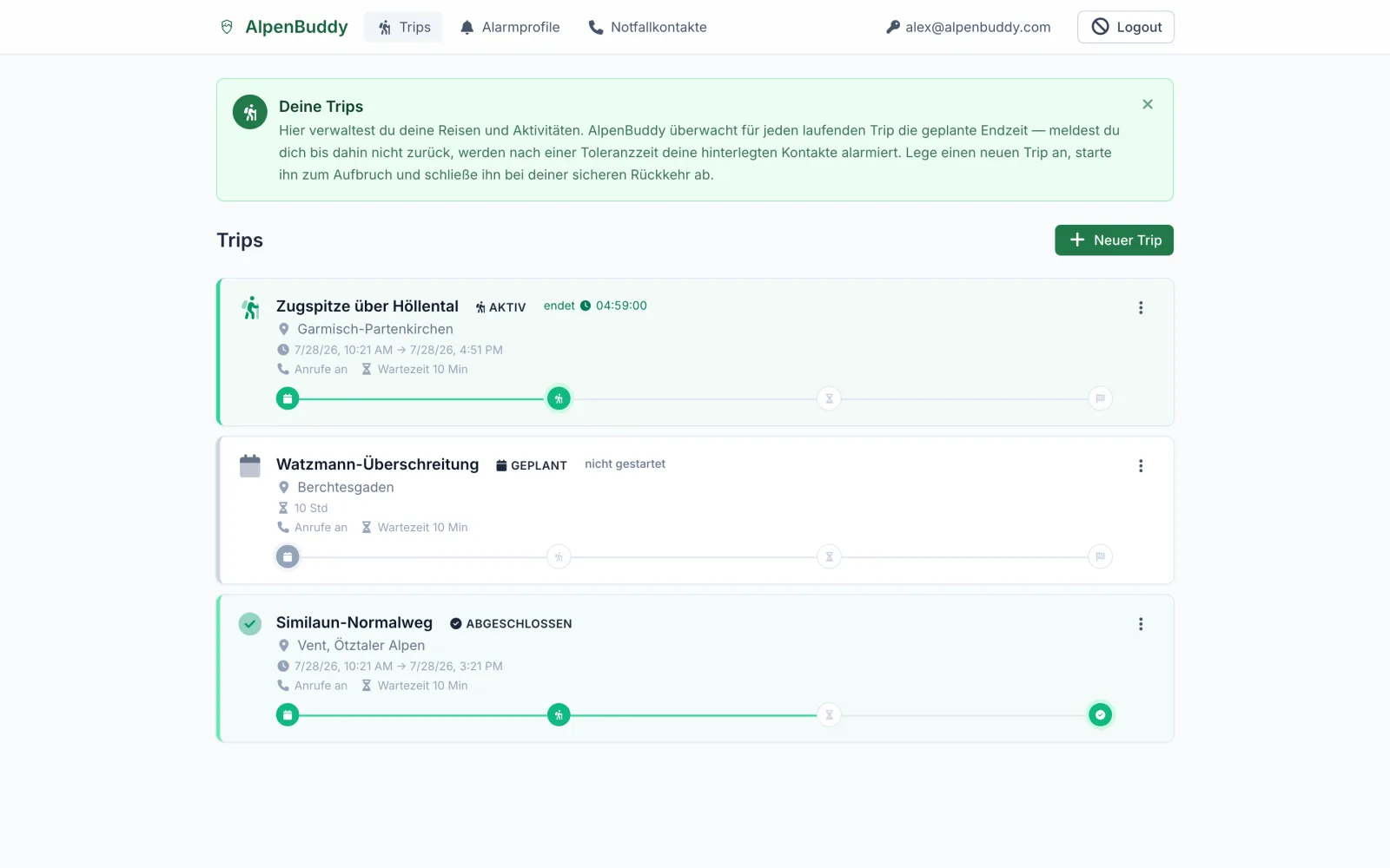 AlpenBuddy Web-App: Trip-Übersicht mit Lebenszyklus