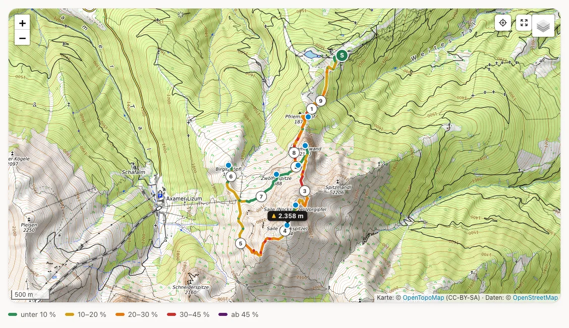 GPX-Viewer: Tour auf der Topo-Karte, nach Steilheit gefärbt, mit Eckdaten und Höhenprofil