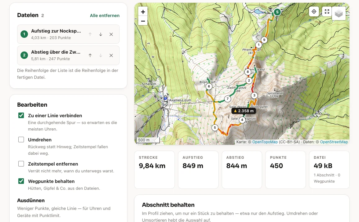 GPX-Werkzeuge: Dateiliste, Einstellungen und Kartenvorschau