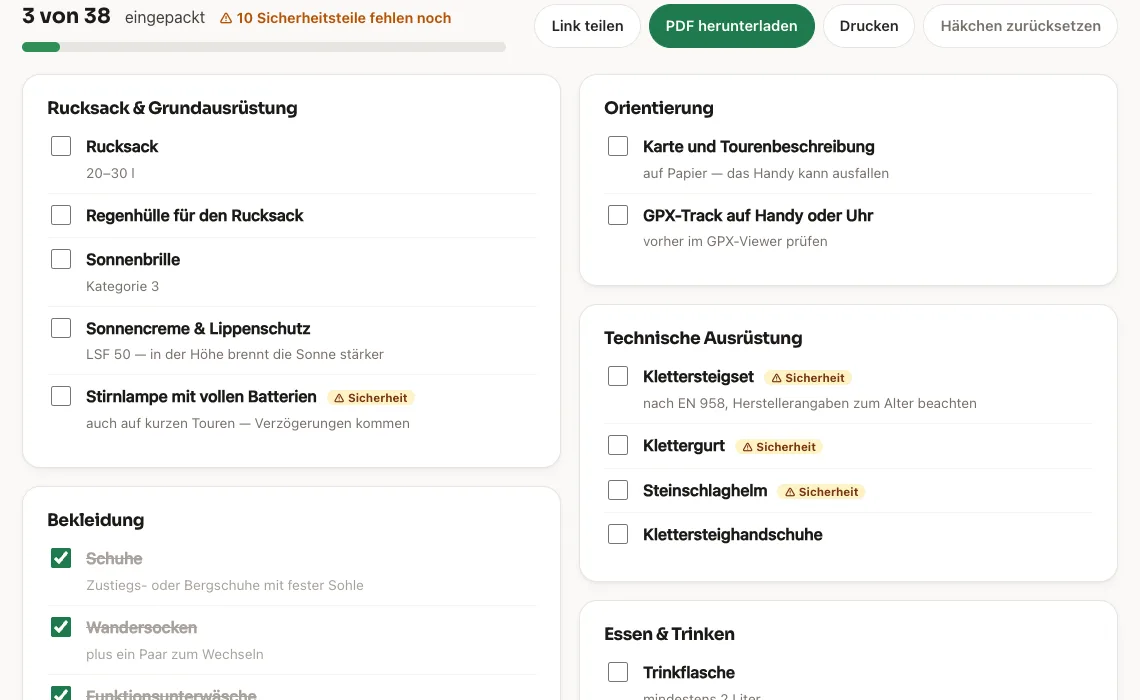 Packliste: Auswahl der Tour und abhakbare Liste mit markierten Sicherheitsteilen