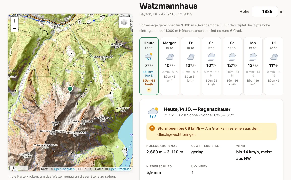 Bergwetter: Topo-Karte mit Punkt, sieben Tage und Hinweise für die Tour